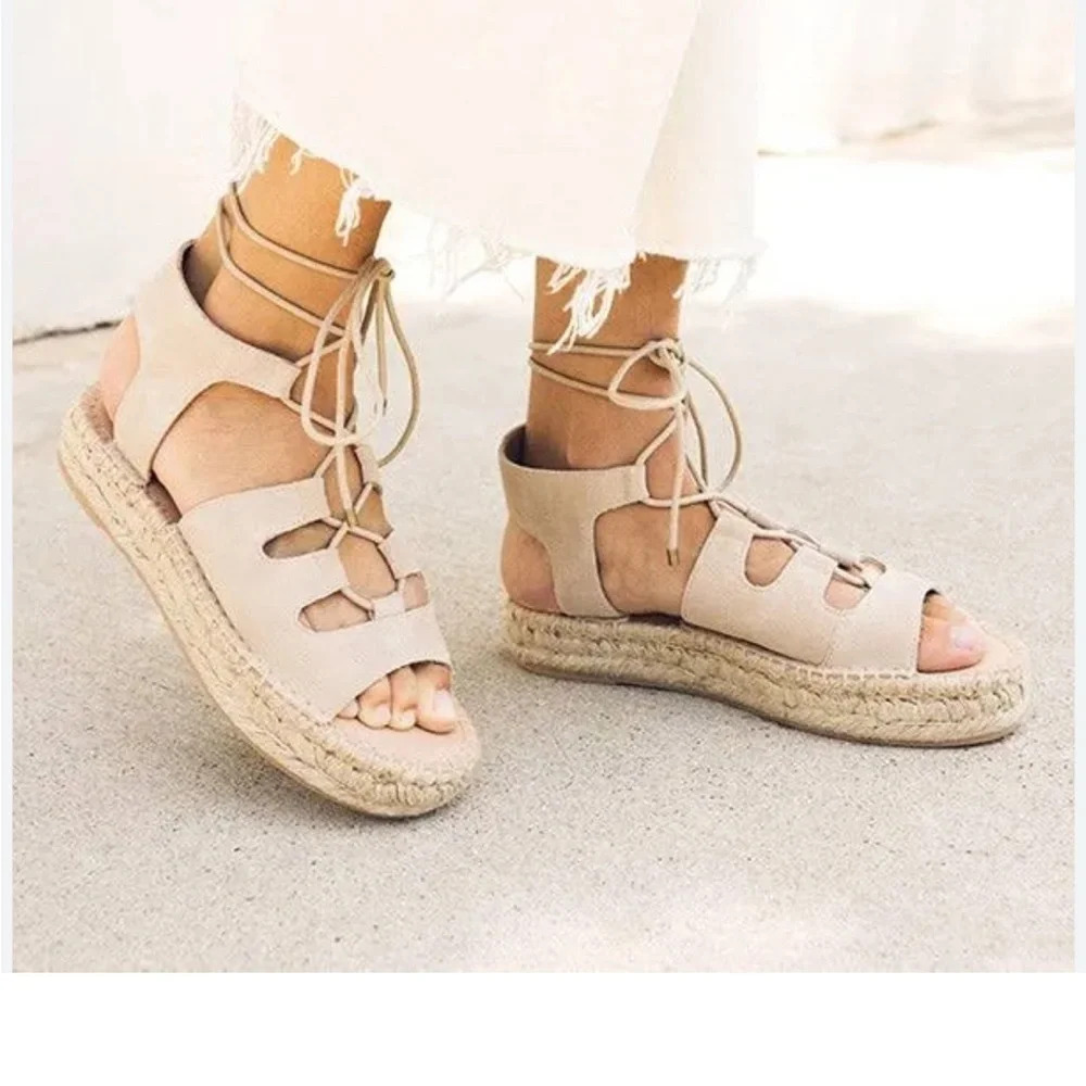 Soludos Ghillie Espadrille Sandal leather Platform tie neutral tan nude 10